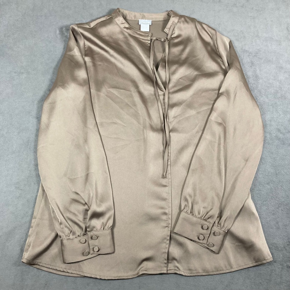 Chicos Satin Tie Neck Blouse Tan Beige Long Sleeve Button Cuff Top Size 1  8/10